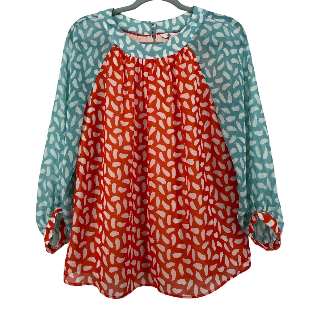 Boden Size 4 Colorblock Brushstroke Print Blouse Sheer Sleeve Top Vibrant Womens